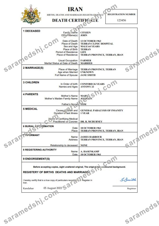 Iran death certificate Word and PDF template